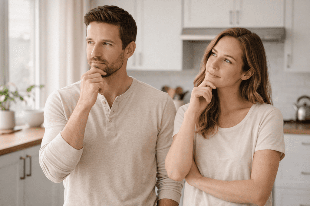 Adult man and woman thinking about health changes after 30 as metabolism slows down