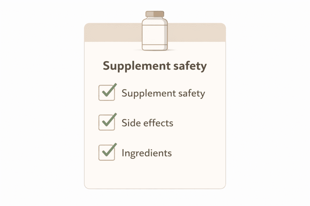 Supplement safety checklist highlighting side effects and ingredients for Ikaria Juice side effects review
