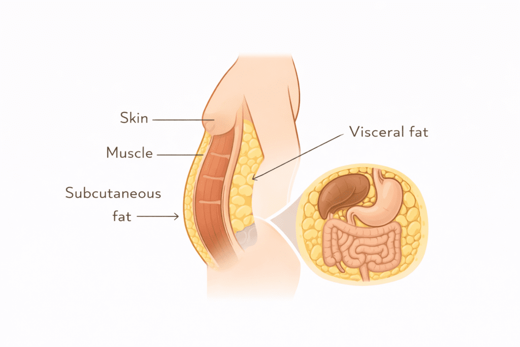Illustration showing visceral fat and subcutaneous fat explaining why belly fat is harder to lose