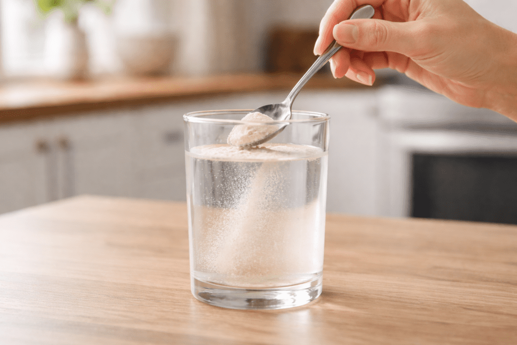 Unbranded supplement powder being mixed with water as part of daily routine while considering Ikaria Juice side effects