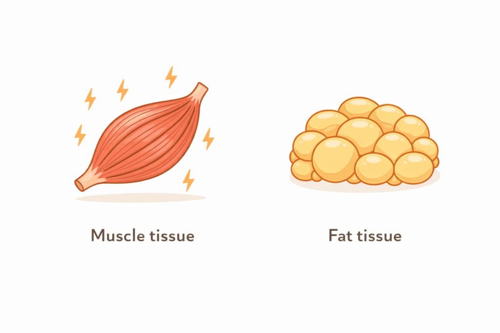 Comparison of muscle tissue and fat tissue showing why metabolism slows down when muscle decreases