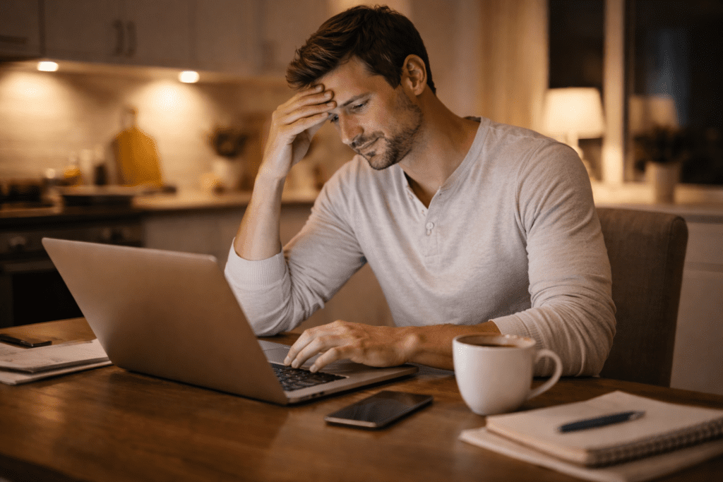 Stressed adult man working late showing lifestyle factors that make belly fat harder to lose