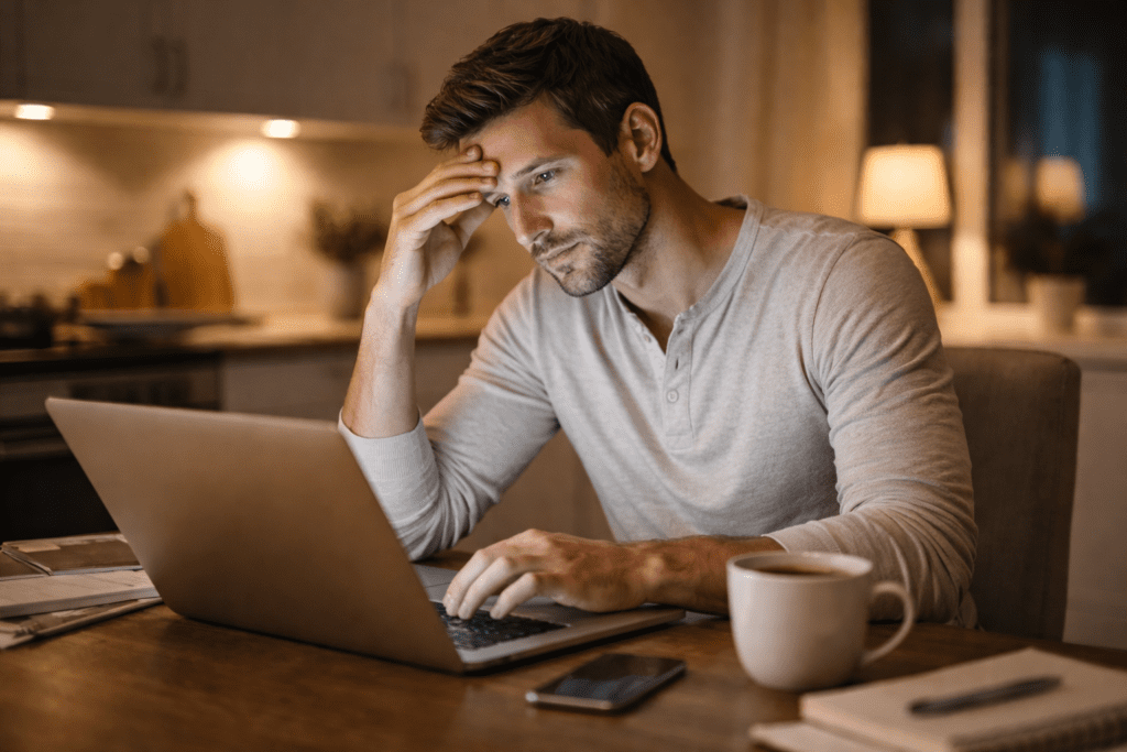 Tired adult man working late on a laptop showing low energy as metabolism slows down after 30