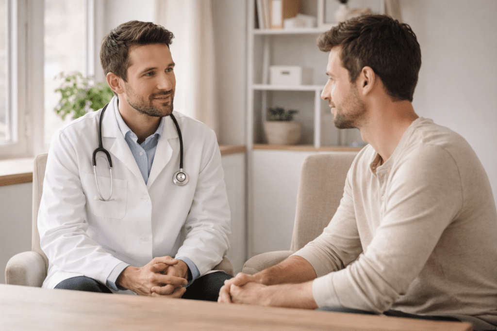 Doctor discussing supplement use and possible Ikaria Juice side effects with an adult patient in a calm consultation