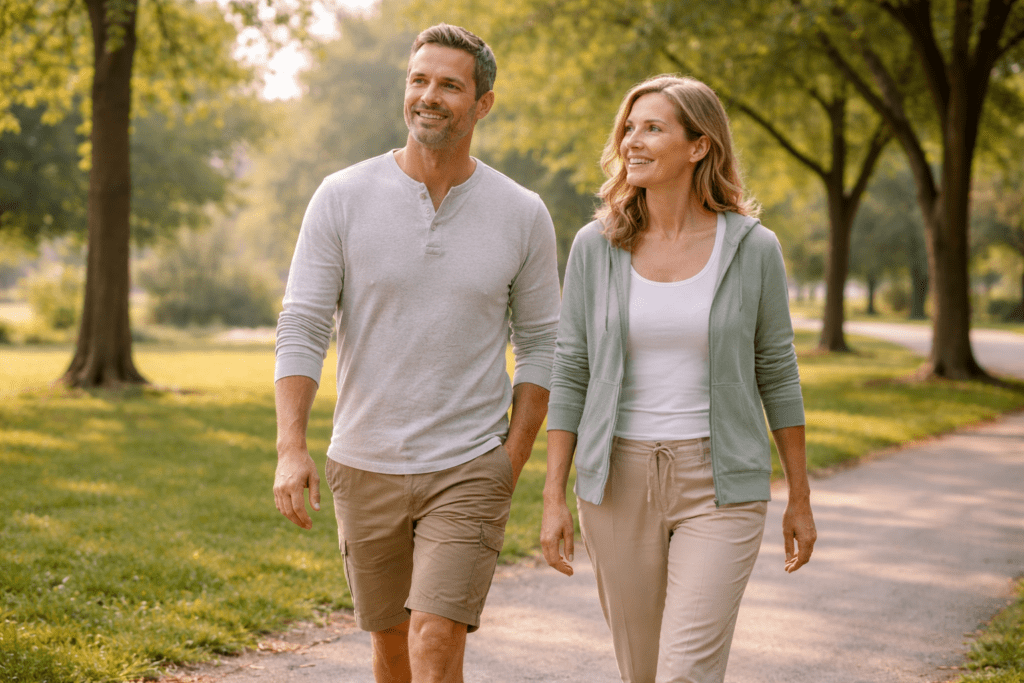 Healthy couple walking outdoors supporting metabolism as metabolism slows down after 30