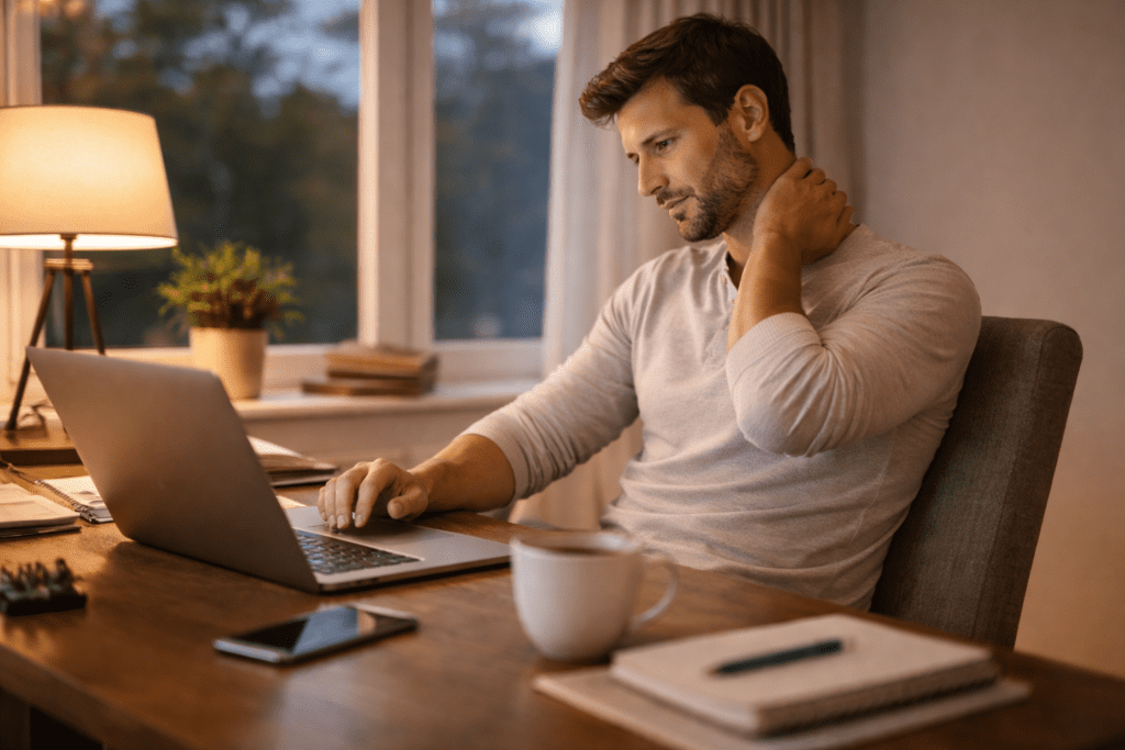 Tired adult man at desk showing low energy as belly fat is harder to lose with age