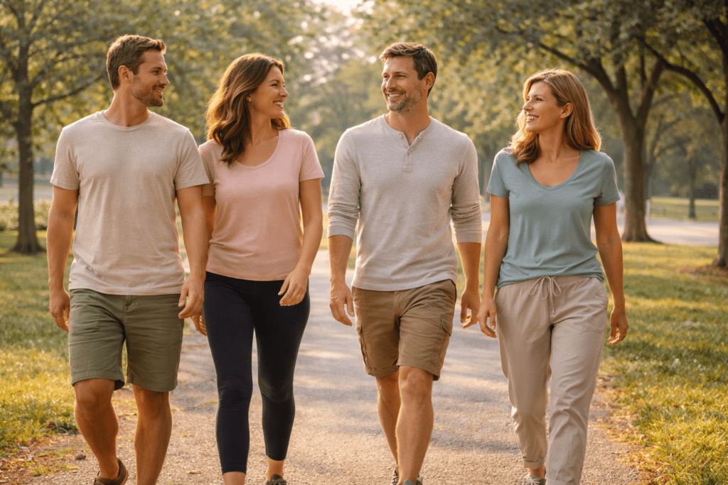 Adults walking outdoors supporting healthy habits when belly fat is harder to lose