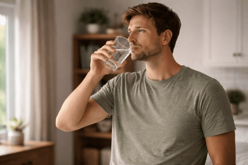 Man drinking a glass of water at home, showing why water is a key ingredient in your good health after 30