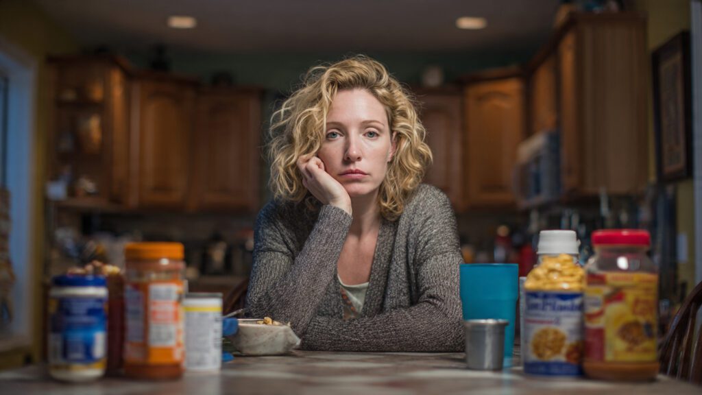 Woman feeling frustrated while sitting at a kitchen table surrounded by diet foods, showing how diets fail without lifestyle support after 30