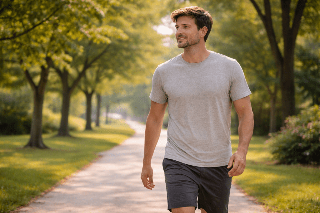 Man walking outdoors on a quiet path, showing how consistency in fitness starts with simple daily movement