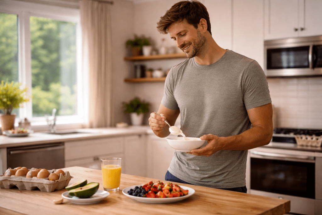 Man preparing a high protein breakfast at home, showing how much protein to lose weight after 30