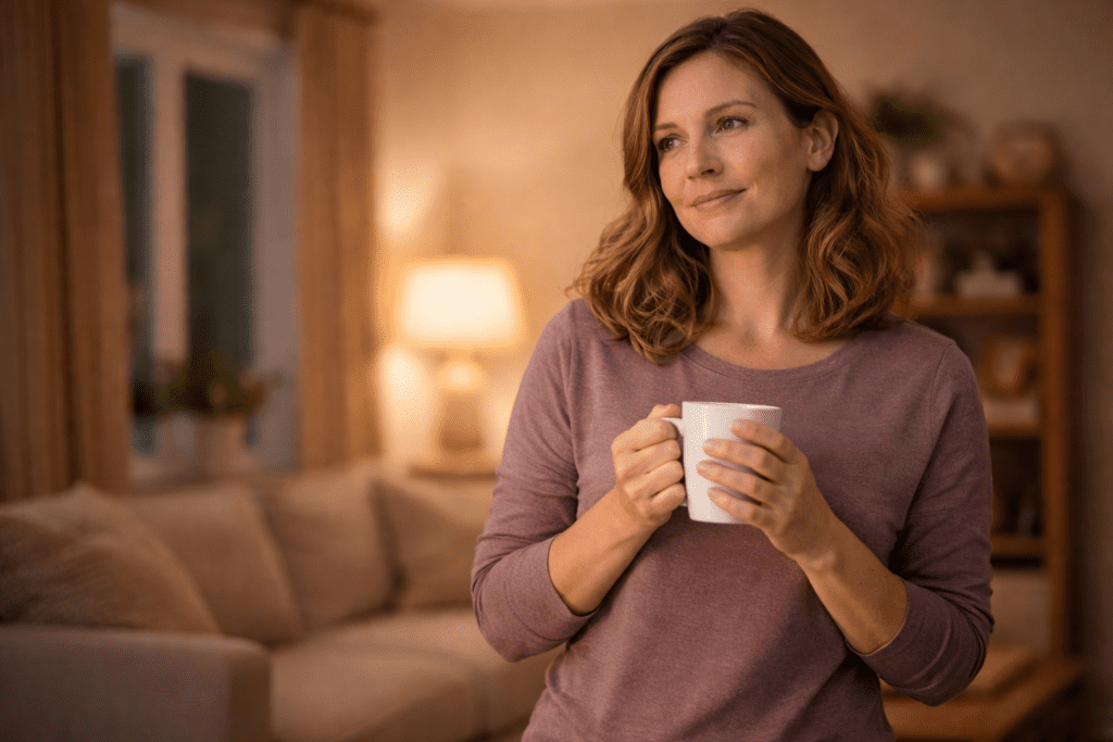 Woman holding a warm drink in the evening, showing late-night eating habits and weight gain after 30