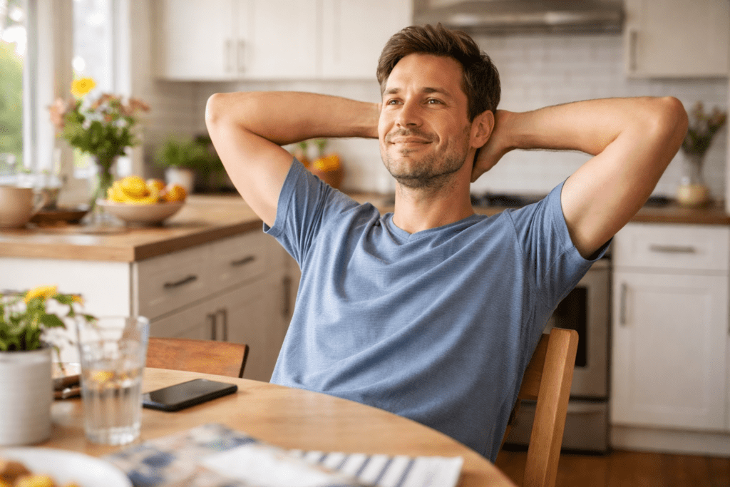 Man relaxing at a kitchen table, showing how good gut health supports metabolism and daily energy