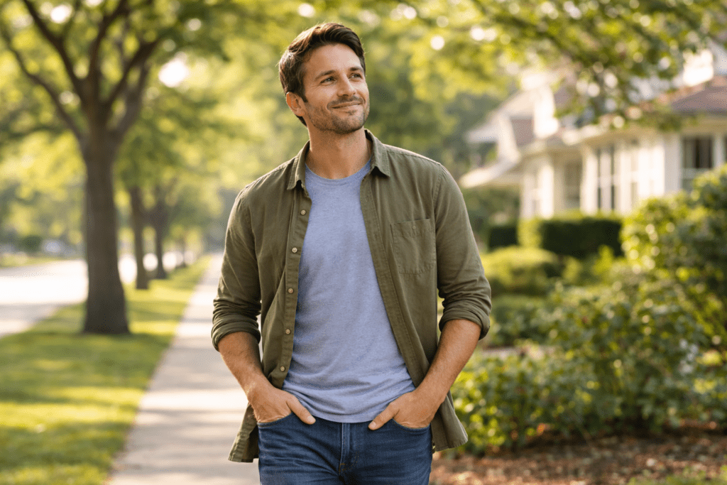 Man walking outdoors in a quiet neighborhood, showing how walking is good for fat loss after 30