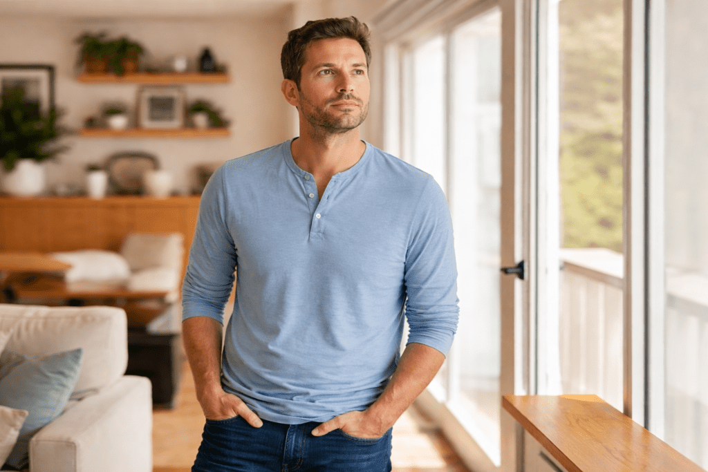 Man standing at home looking thoughtful, showing lifestyle changes that slow down your metabolism after 30