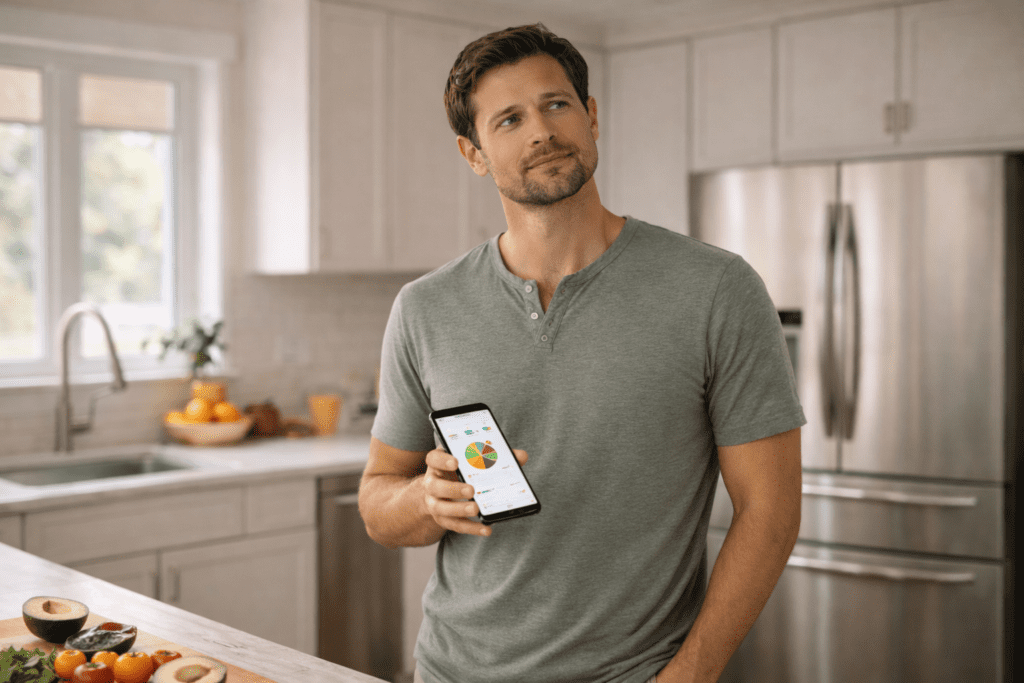 Man tracking calories on a phone as calorie cutting stops working after 30