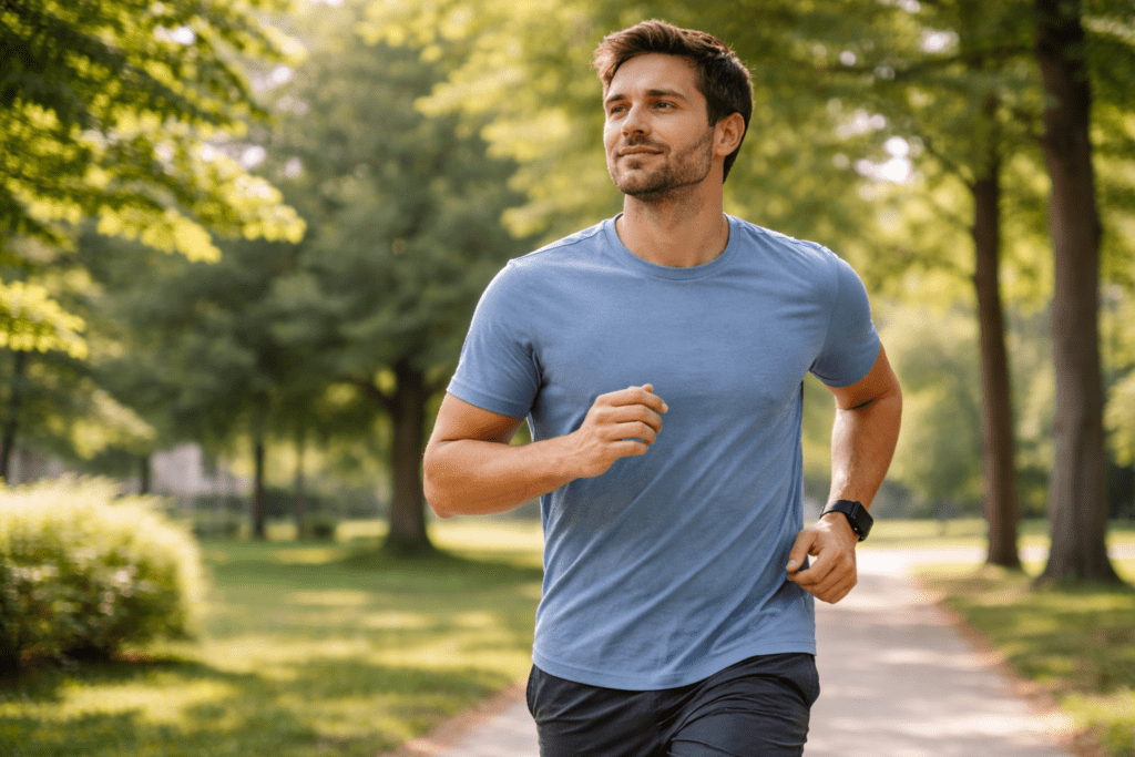 Adult man jogging in a park to support weight loss and understand if running burn belly fat after 30