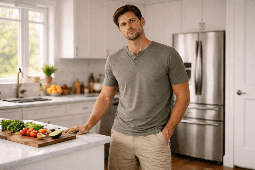 Adult man in a modern U.S. kitchen preparing healthy foods to support balanced blood sugar and reduce belly fat after 30