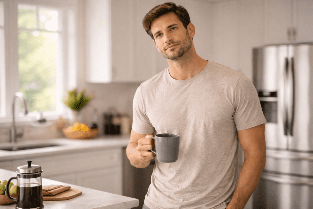 Man in his 30s enjoying a calm morning routine with coffee, supporting morning habits that boost metabolism after 30