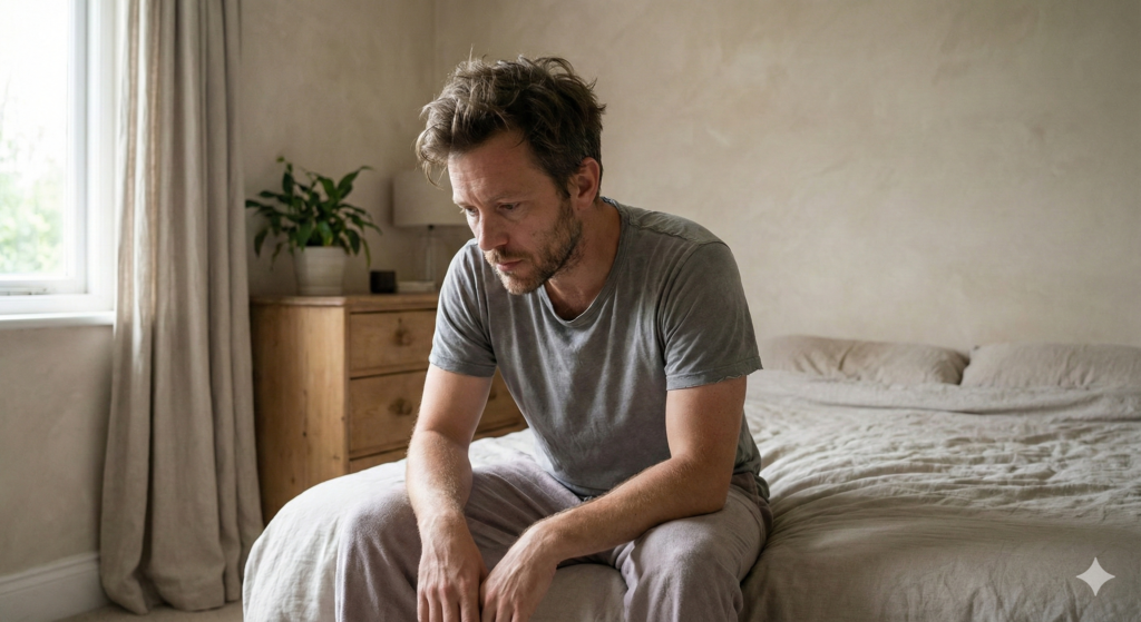 Tired adult sitting on bed in the morning, showing how poor sleep affects weight loss after 30