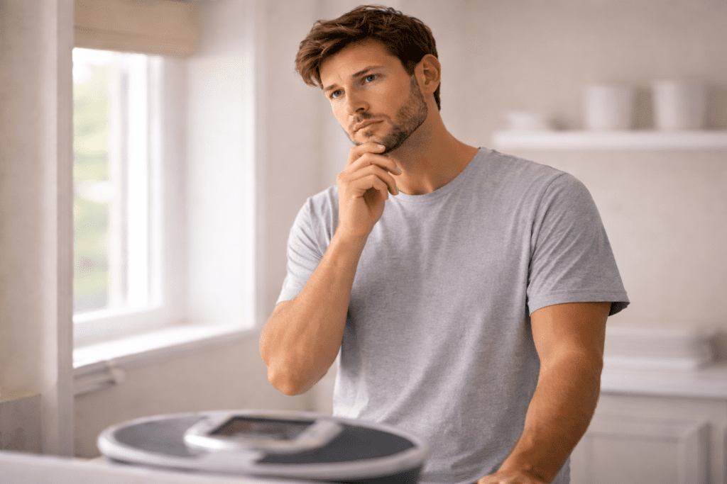 Adult man looking at a scale at home, reflecting on how muscle loss slows metabolism after 30