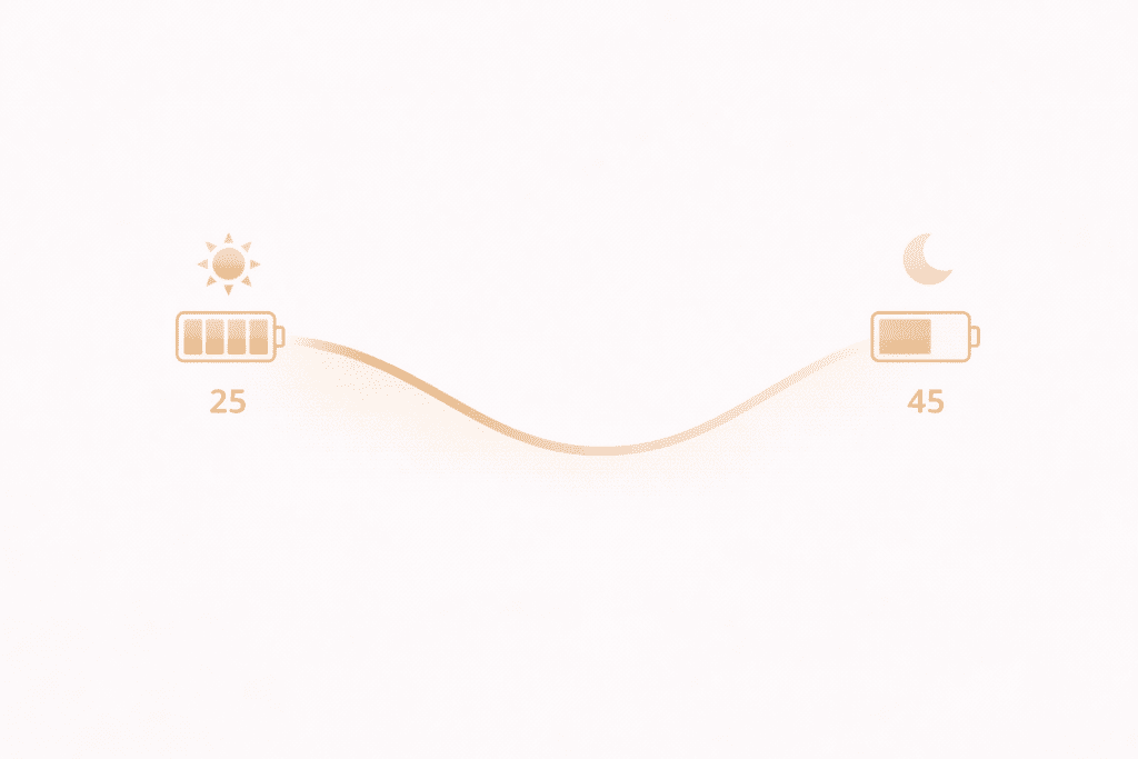 Illustration showing how energy levels drop after 30 compared to mid-20s