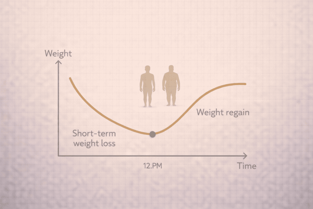 Weight chart showing short-term weight loss followed by weight regain over time, explaining why diets fail without lifestyle support