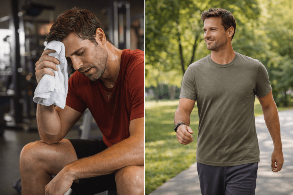 Split image showing workout exhaustion versus relaxed walking, explaining why consistency in fitness works better than overtraining