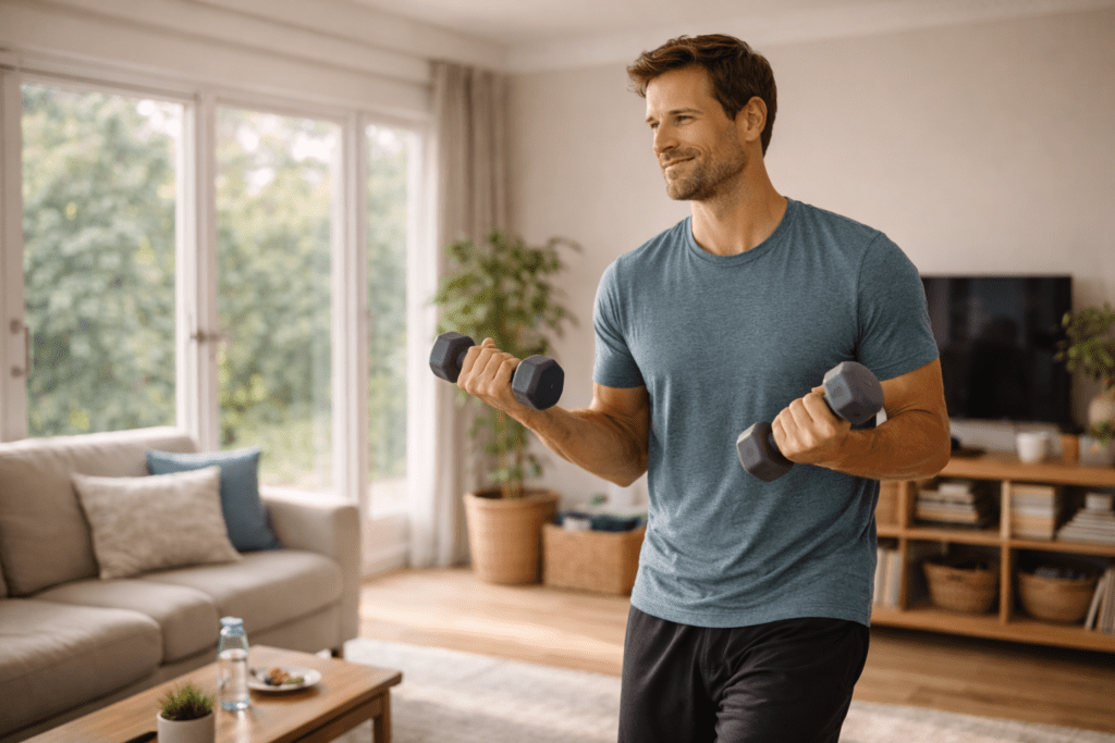 Man lifting dumbbells at home, showing how protein supports muscle and weight loss after 30