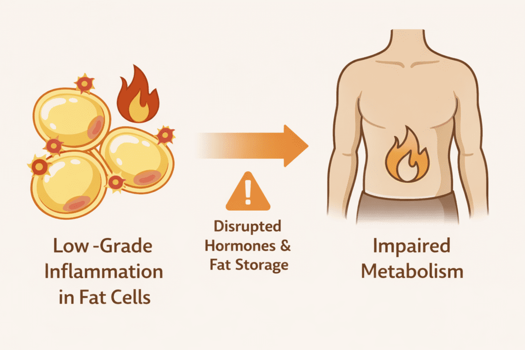 Illustration showing inflamed fat cells disrupting hormones and slowing metabolism