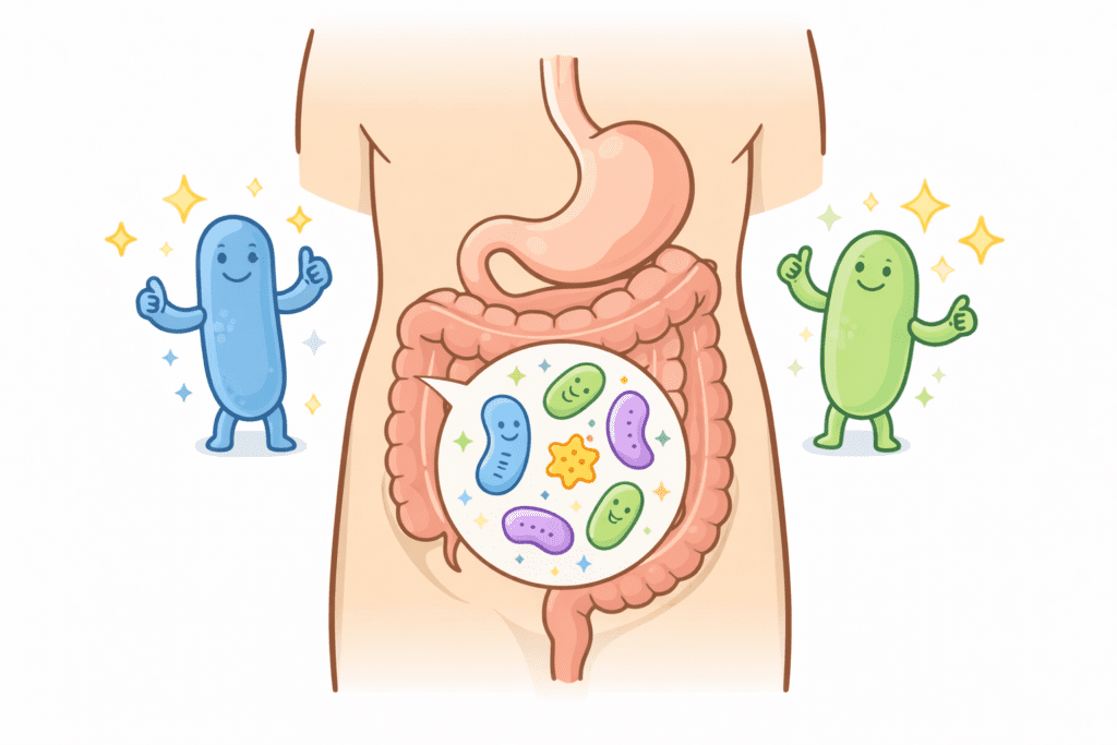 Illustration of gut bacteria inside the digestive system, showing how gut health affects metabolism