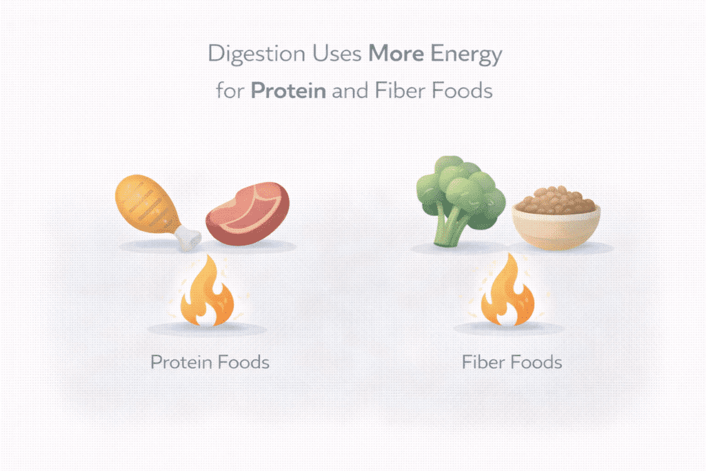 Illustration showing digestion uses more energy for protein and fiber foods