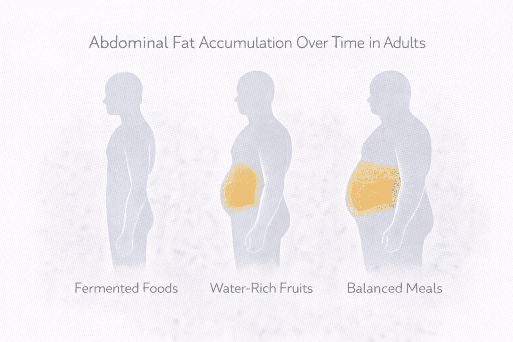 Illustration showing how abdominal fat builds up over time in adults after 30
