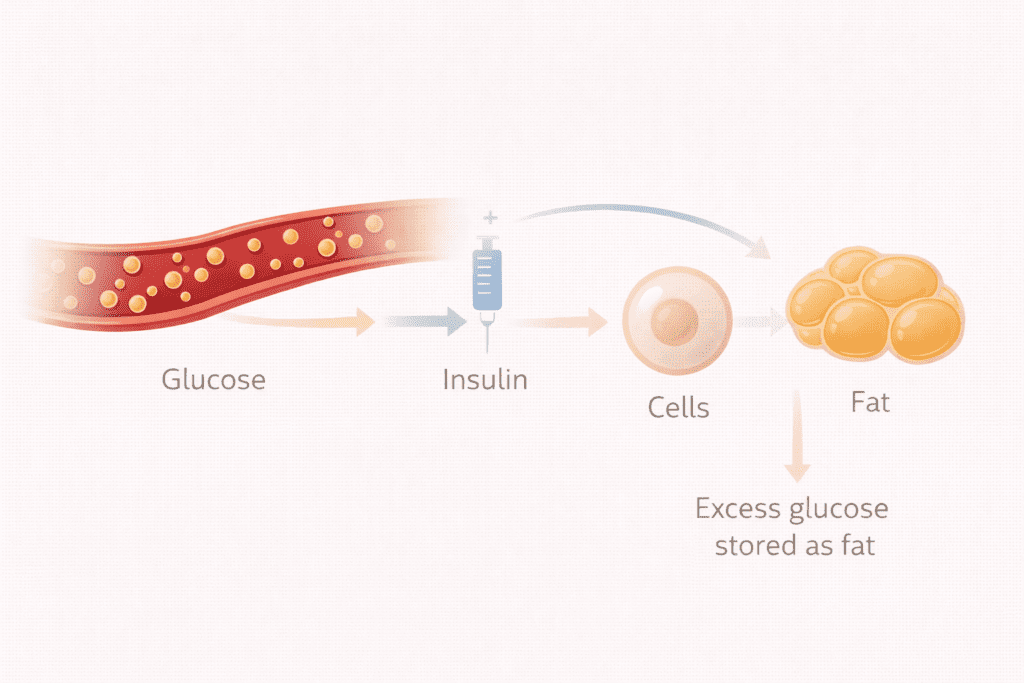 Diagram showing how blood sugar triggers insulin release and excess glucose is stored as body fat