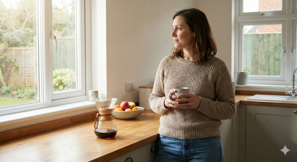 Woman enjoying a quiet morning in her kitchen with coffee, representing mindful morning habits for weight loss after 30