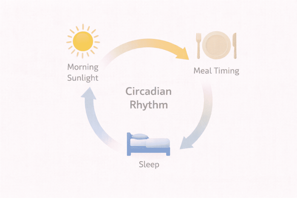 Circadian rhythm diagram showing sunlight, sleep, and meal timing that influence morning habits that boost metabolism