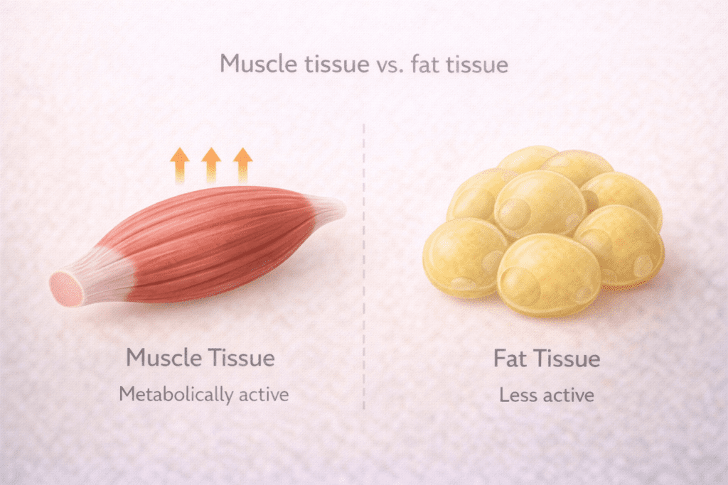Illustration comparing muscle tissue and fat tissue, showing why muscle loss slows metabolism