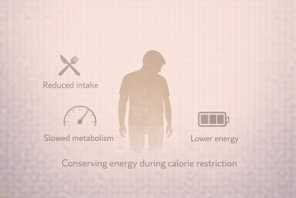 Illustration showing reduced food intake, slowed metabolism, and low energy during calorie restriction after 30