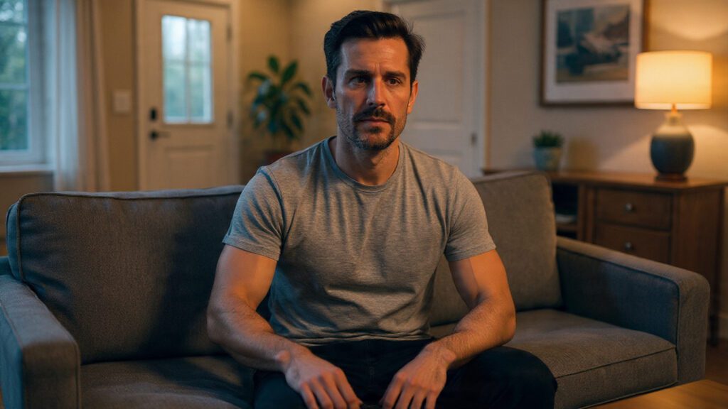 Man sitting on a couch looking tired, showing signs of overtraining without enough rest days