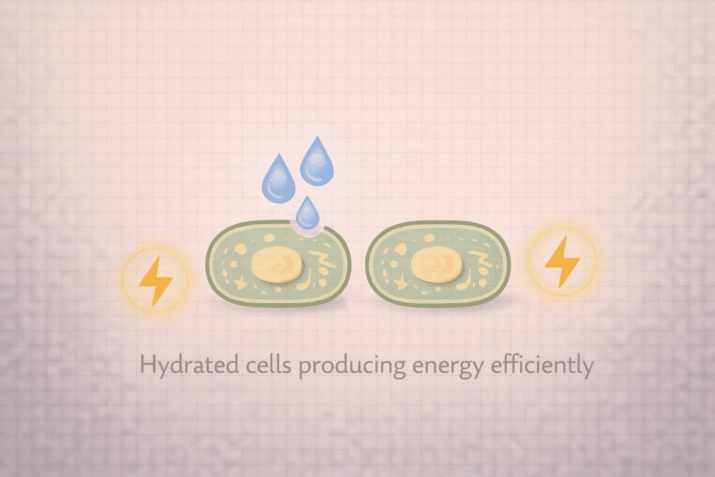Illustration of hydrated cells producing energy efficiently, showing how water supports metabolism and energy levels