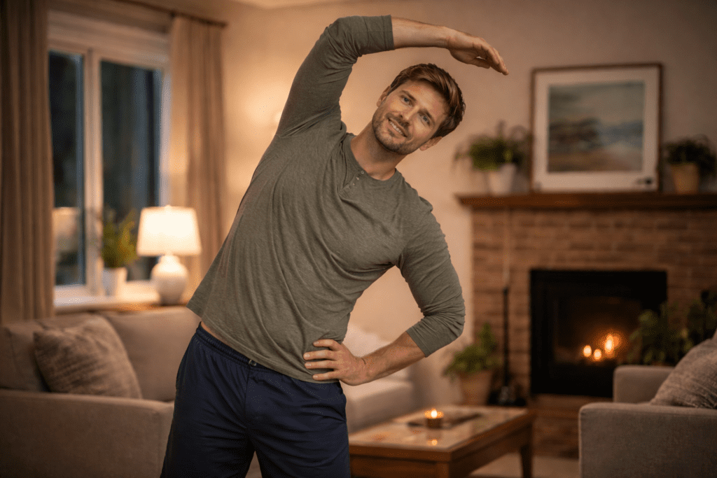 Man stretching at home, showing how light movement supports consistency in fitness without overdoing workouts