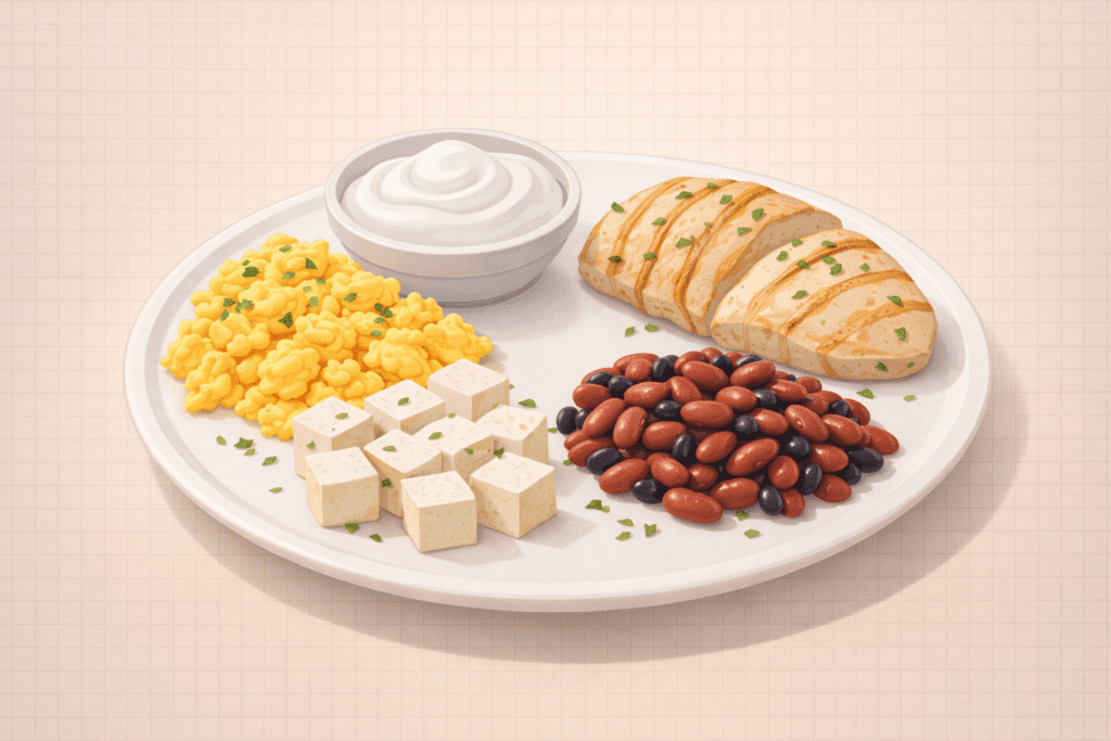 Illustration of protein-rich foods like chicken, eggs, beans, and yogurt for weight loss