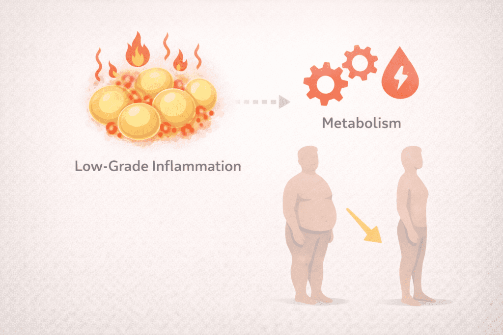 Infographic showing low-grade inflammation leading to slower metabolism and higher body weight