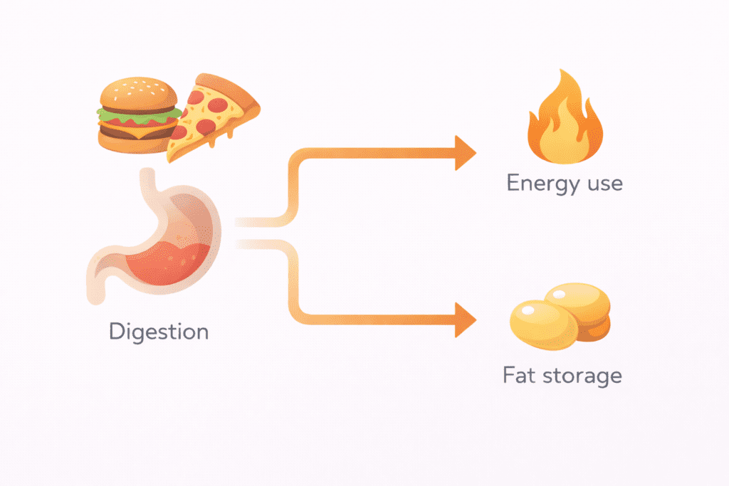 Illustration showing digestion leading to energy use or fat storage, explaining how gut health affects metabolism