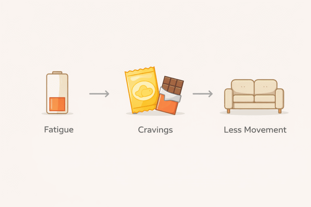 Infographic showing fatigue leading to cravings and less movement, contributing to weight gain
