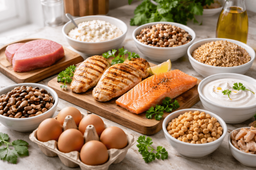 Protein foods like chicken, fish, eggs, beans, and yogurt that help increase metabolism