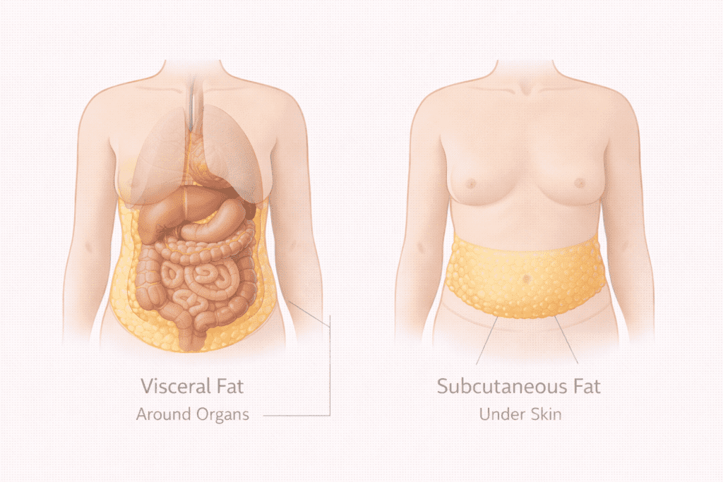 Illustration comparing visceral fat around organs and subcutaneous fat under the skin in the abdominal area