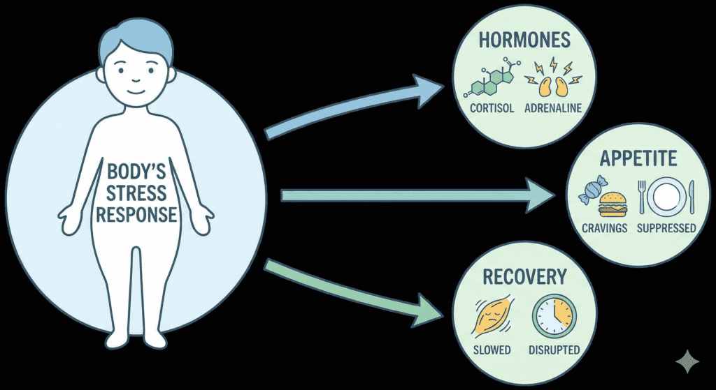 Illustration showing how the body’s stress response affects hormones, appetite, and recovery