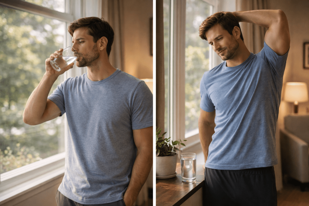Adult man hydrating and stretching in the morning, showing simple morning habits that boost metabolism after 30