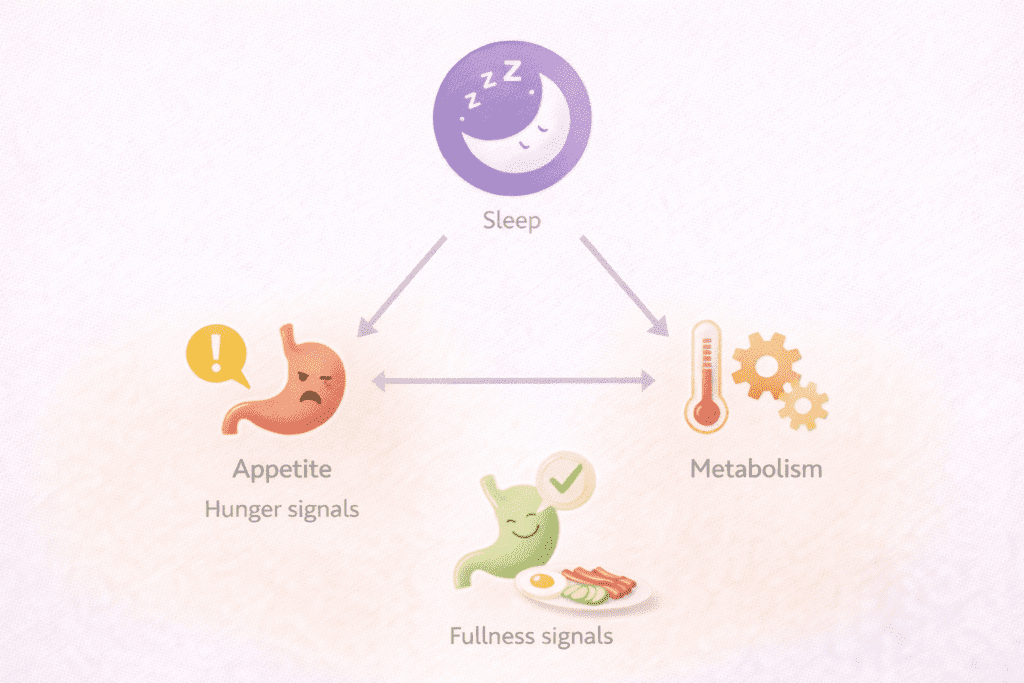 Diagram showing how sleep influences appetite, hunger signals, and metabolism related to weight loss